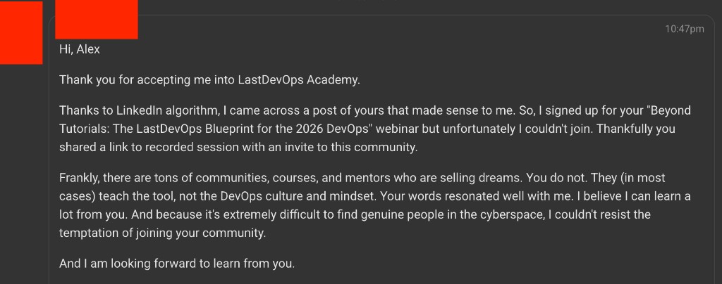 Testimonial: Beyond Tutorials webinar and LastDevOps Academy